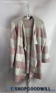 Lane Bryant Women's Light Gray/Pink Striped Knit Drape Flap Open Cardigan Sz 18