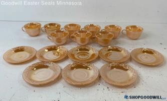 17pc Fire-King Peach Luster Laurel Leaf Dinnerware Saucers & Tea Cups