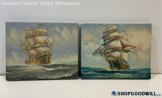 Pair Davis Signed 8x10" Stretched Canvas Nautical Ships Sailing Paintings