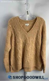 Lucky Brand Women's Heathered tan V-Neck Fuzzy Cable Knit Sweater - Sz L