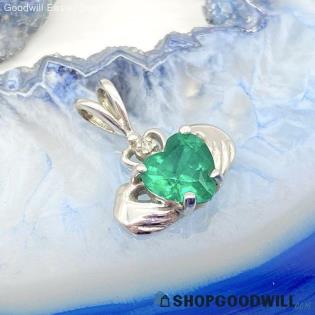 14K White Gold Emerald Heart Claddagh Pendant 1.09g