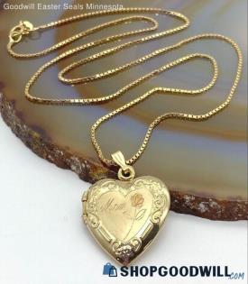 14K Yellow Gold "MOM" Floral Love Heart Locket Necklace 4.87 grams