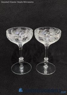 2CP Clear Glass Stemmed Etched Floral Champagne Glassware