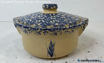 RRP Co. Roseville, Ohio Stoneware Blue Spongeware Crock/Bean Pot w/Lid