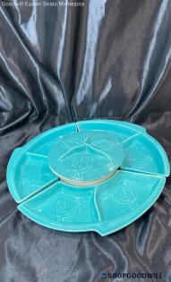 Usa 1020 Vintage Chicken Design Blue Glass Divided Dish + Bowl w Lid