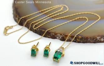 10K Yellow Gold Faux Emerald/Cubic Zirconia Necklace and Earring Set 1.85 grams