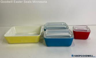 Vtg 7pc Pyrex Red, Yellow & Blue Refrigerator Dish Set #'S 0503 0502 0502