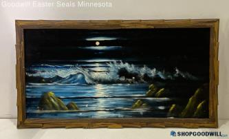 Moonlit Seascape 18x36" Framed Vintage Black Felt Canvas Painting Signed PU