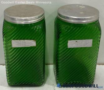 Vintage Owens Illinois Forest Green Diagonal Ribbed Canister C.1930 Set Of 2