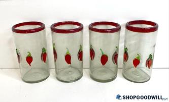 Set Of 4 Hand Blown Mexican Art Glass Red Rim Chile Peppers Tumblers