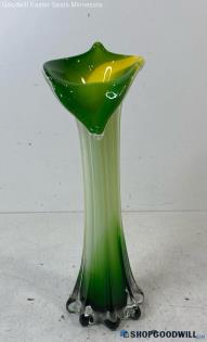 Murano Style Green Yellow Calla Lily Shaped Glass Vase