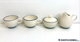 4PC Pfaltzgraff Stoneware Ocean Breeze Tea Cups, Covered Sugar Bowl & Creamer