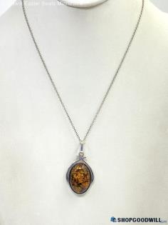 .925 Framed Amber Oval Necklace 10.00g