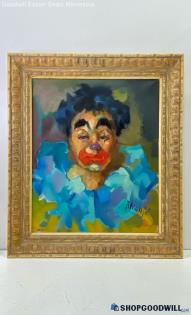 Avounje Signed Framed 20x24" Blue Clown Portrait Canvas Painting