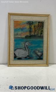 Original Baby & Mother Swan Matted & Framed Landscape Drawing Unsigned