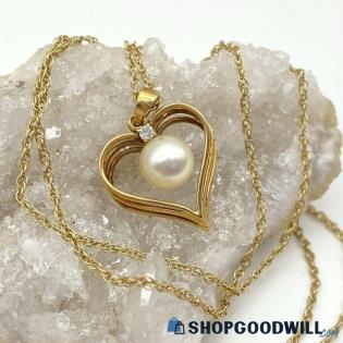 14K Yellow Gold Cultured Pearl Diamond Accent Heart Necklace 1.64g