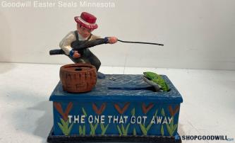 Cast Iron Fisherman One that Got Away  Die-Cast Mechanical Coin Bank Fish