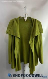 Chico's Women's Pea Green 100% Wool Drape Flap Textured Cardigan - Sz 2