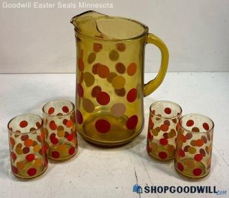 5pc Vintage Amber Glass W/ Polka Dots Pitcher & Juice Glasses Drinkware Serving