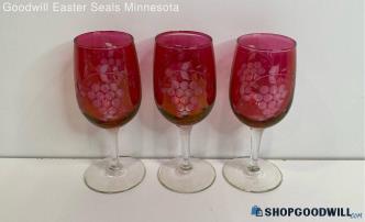 3PC Cranberry Stain Etched Grape Wine Glasses