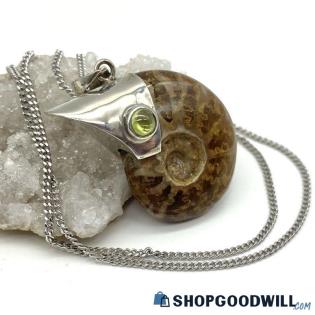 .925 Ammonite Fossil & Peridot Pendant Necklace 16.53g