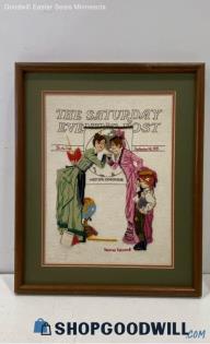 16x20" Matted & Non-Glass Framed Crewel Needlework Norman Rockwell Sat Eve Post