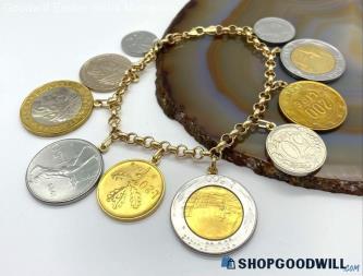 14K Yellow Gold Rolo Chain Bracelet with Italian Lira Coin Charms