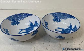 2pc Blue White Fish Flowers+ Porcelain Like Bowls