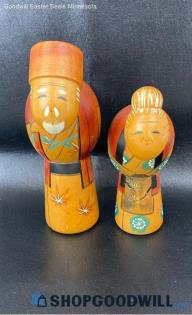 Japanese Kokeshi Doll Set Of 2 Grandpa Grandma Wooden Hand Painted Vintage