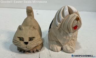 2pc Clay Pottery Cat & Shaggy Dog Handmade Pets Animals Figurines