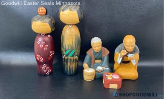 Japanese Hakata & Kokeshi Doll Figurine Set Of 4 Hand Crafted Vintage Decor