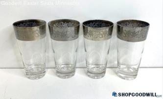 Set Of 4 Silver Rimmed Floral Design Glass Drinking Tumblers