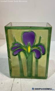 Vintage Fused Stained Glass Vase Iris Flower Textured Flora Purple Block