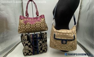 Lot Of 3 Coach Signature Khaki/Blue/Pink Jacquard Canvas Totes/Crossbody Handbag