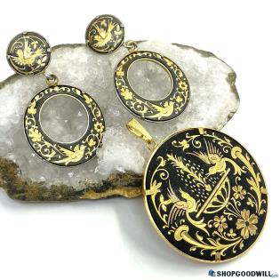 Vintage Gold-Tone Damascene Floral + Birds Pendant & Earrings