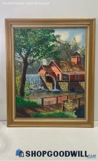 Louise Jankowski Signed 22x28" Old Red Mill Framed Canvas Landscape Painting PU