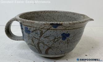 Blue Floral Brown Speckled Pottery Mixing Bowl w/Spout