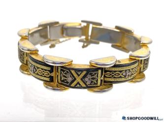 Vintage Gold-Tone Amita Damascene Panel with Safety Clasp Bracelet