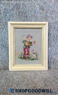 Dutch Boy Guitar Serenade To Dog Flowers Spring Vtg Needlepoint Art Crewel Frame