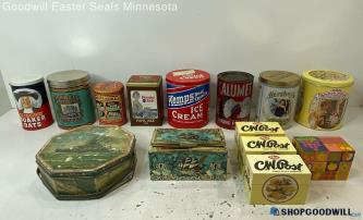 14pc Metal Tin Boxes Quaker Oats, Kemps Ice Cream, Barnum's Animals+