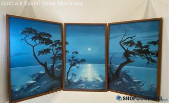 x3 Dorothy Behringer Signed Night Shoreline Framed 18x30" Canvas Paintings PU