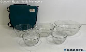 Lot Of Pyrex 3pc Glass Ribbed Mixing Bowls & Anchor Hocking 2pc Bowls W/ Case