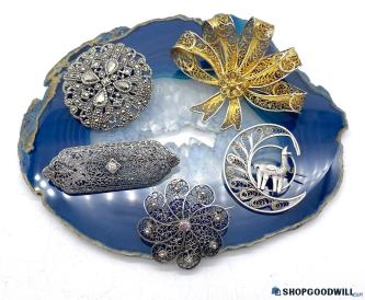 .925 & Vermeil Vintage to Modern Filigree Brooches (5) 29.94g