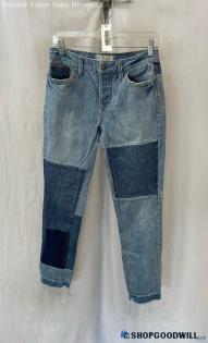 Free People Women's Blue Medium Washed Panel Frayed Ankle Jeans - Sz 26