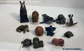 12pc Stone, Plastic, Rock + Animal Figurines Turtles, Rhino, Seal, Trinket Dish