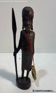 African Ebony Wood Hand Carved Warrior W/ Spear Figurine Statue 13" Art