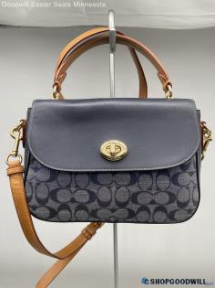 Coach Marlie Navy Blue Turnlock Satchel/Top Handle Canvas/Leather Handbag/Purse