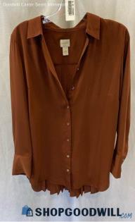 Chico's Women's Chestnut Brown Back Pleated Long Sleeve Button Down - Sz M