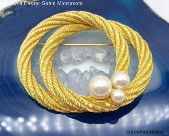 Vintage Christian Dior Double Rope Circle Faux Pearl Brooch