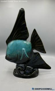 VTG Art Large Black W/ Turquoise Glaze On Red Clay Pottery Angel Fish Figurine